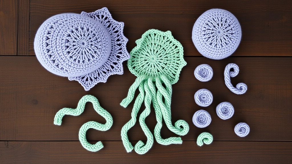 Unassembled crocheted parts of a jellyfish, including a lavender dome, a mint green base, and several curly spiral tentacles.