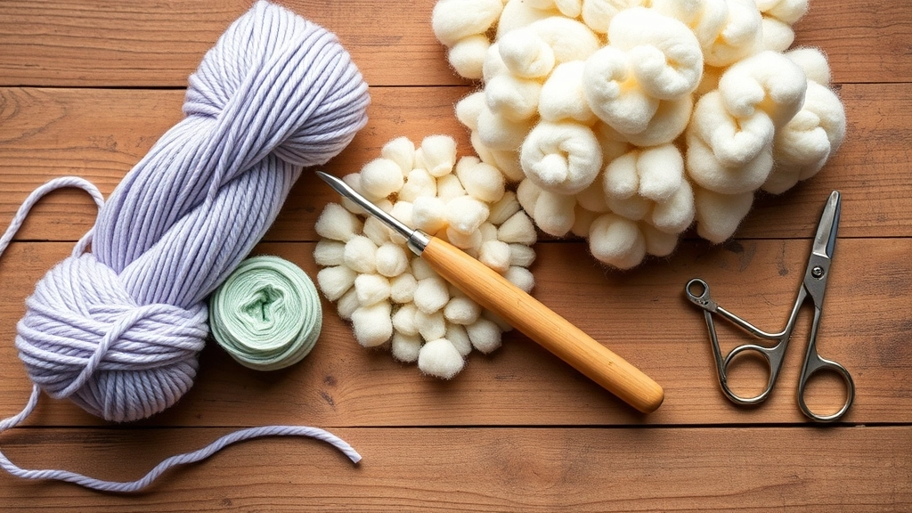 A flat-lay of lavender and mint green organic cotton yarn skeins, a wooden crochet hook, and natural white wool stuffing.