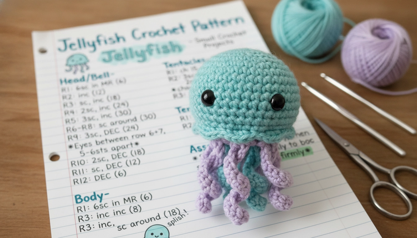 A charming, homemade lavender and mint green crocheted toy sitting on a rustic table, made using this Free Jellyfish Amigurumi Crochet Pattern.