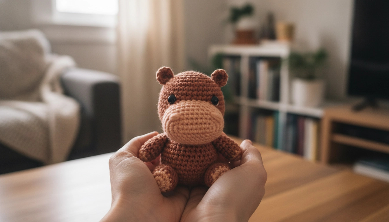 A completed small terracotta amigurumi hippo held gently in two hands, showing the final result of the pattern.