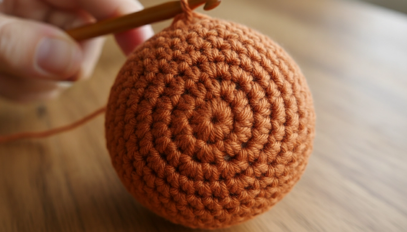 A close-up view of tight, continuous spiral crochet stitches in terracotta cotton yarn, demonstrating amigurumi stitch geometry.