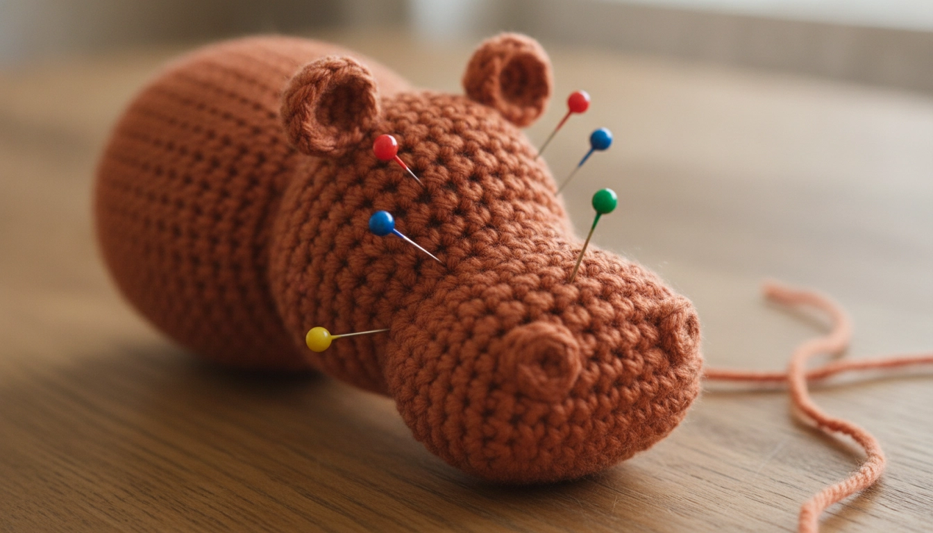 A terracotta crocheted hippo with its head, body, muzzle, and limbs held together with colorful sewing pins.