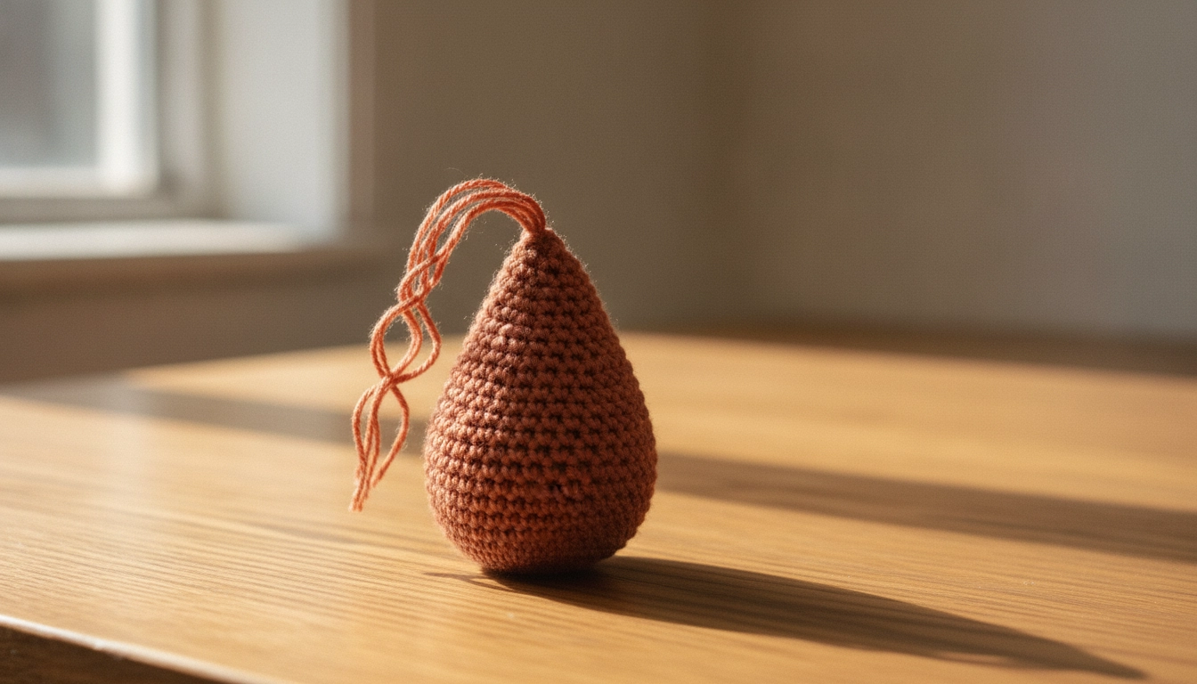 A stuffed, teardrop-shaped crocheted hippo body made from terracotta cotton yarn.