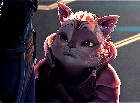 A short Caitian (a species of anthropomorphic cats) being pet by Gwyn