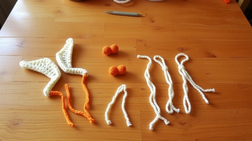A collection of small crocheted parts including cream wings, orange legs, and cream tail feathers.
