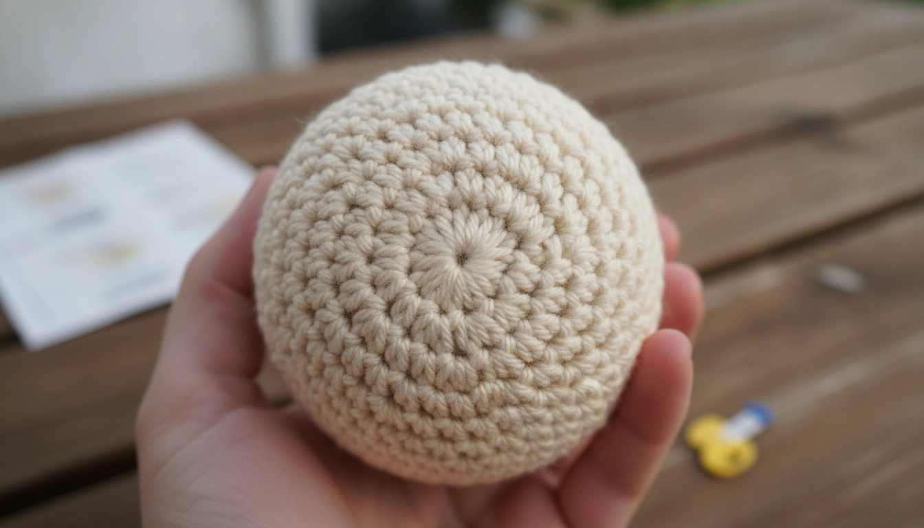 Close-up of tight, spiral single crochet stitches in cream cotton yarn showing amigurumi structure.