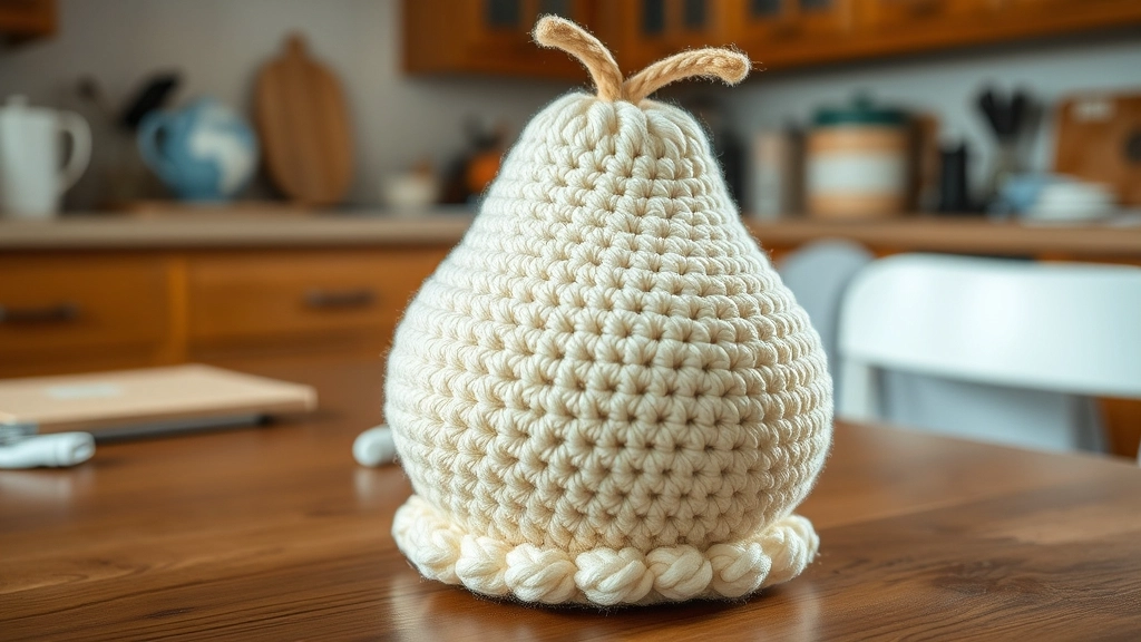 A plump, pear-shaped crocheted body in cream yarn sitting on a table.