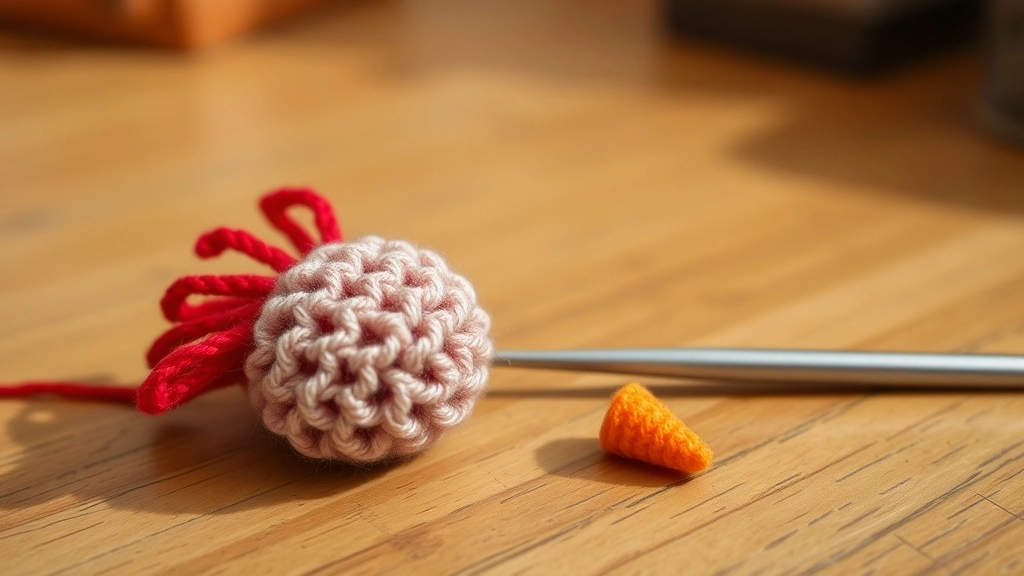 A tiny crocheted red comb and a small orange cone-shaped beak on a wooden background.
