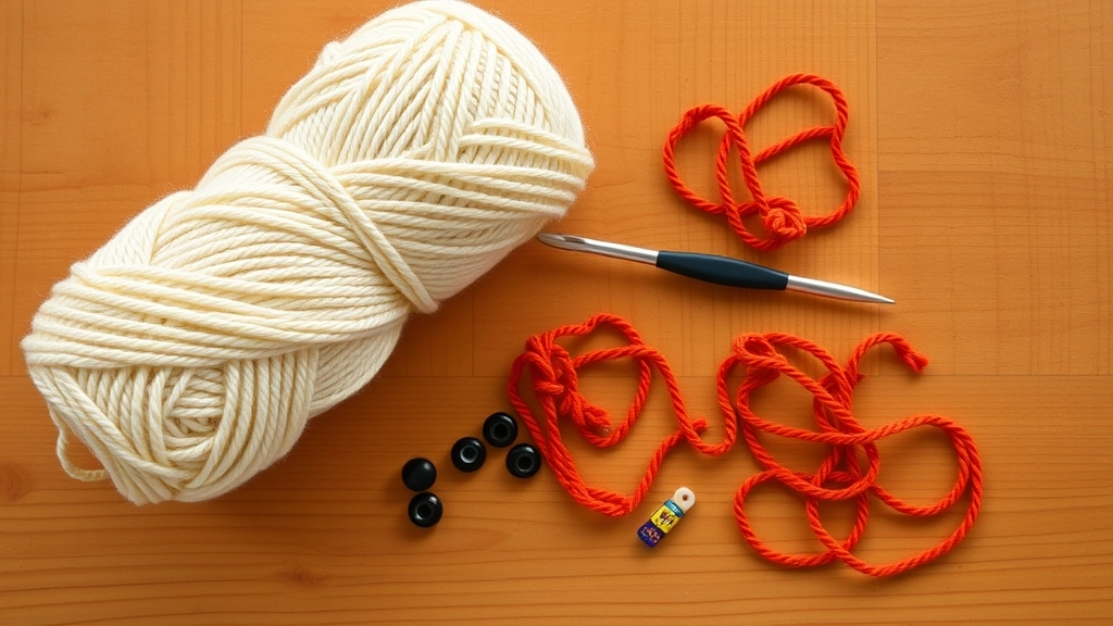 Skeins of cream, orange, and red cotton yarn next to a crochet hook and safety eyes.