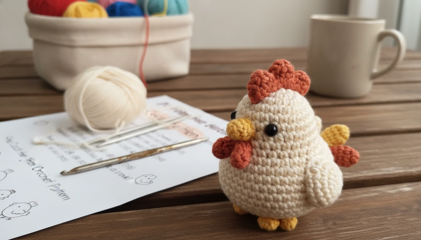A finished crochet hen sitting on a wooden table, made using the Free Cocca the Hen Amigurumi Crochet Pattern.