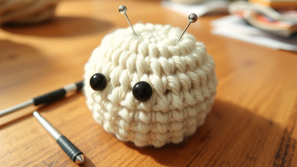 A small cream-colored crocheted dome with black safety eyes inserted between the stitches.
