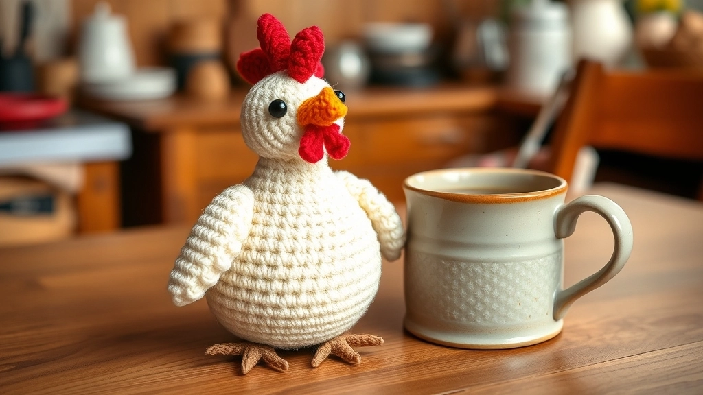 The finished Cocca the Hen crocheted toy sitting cozily next to a hot cup of tea.