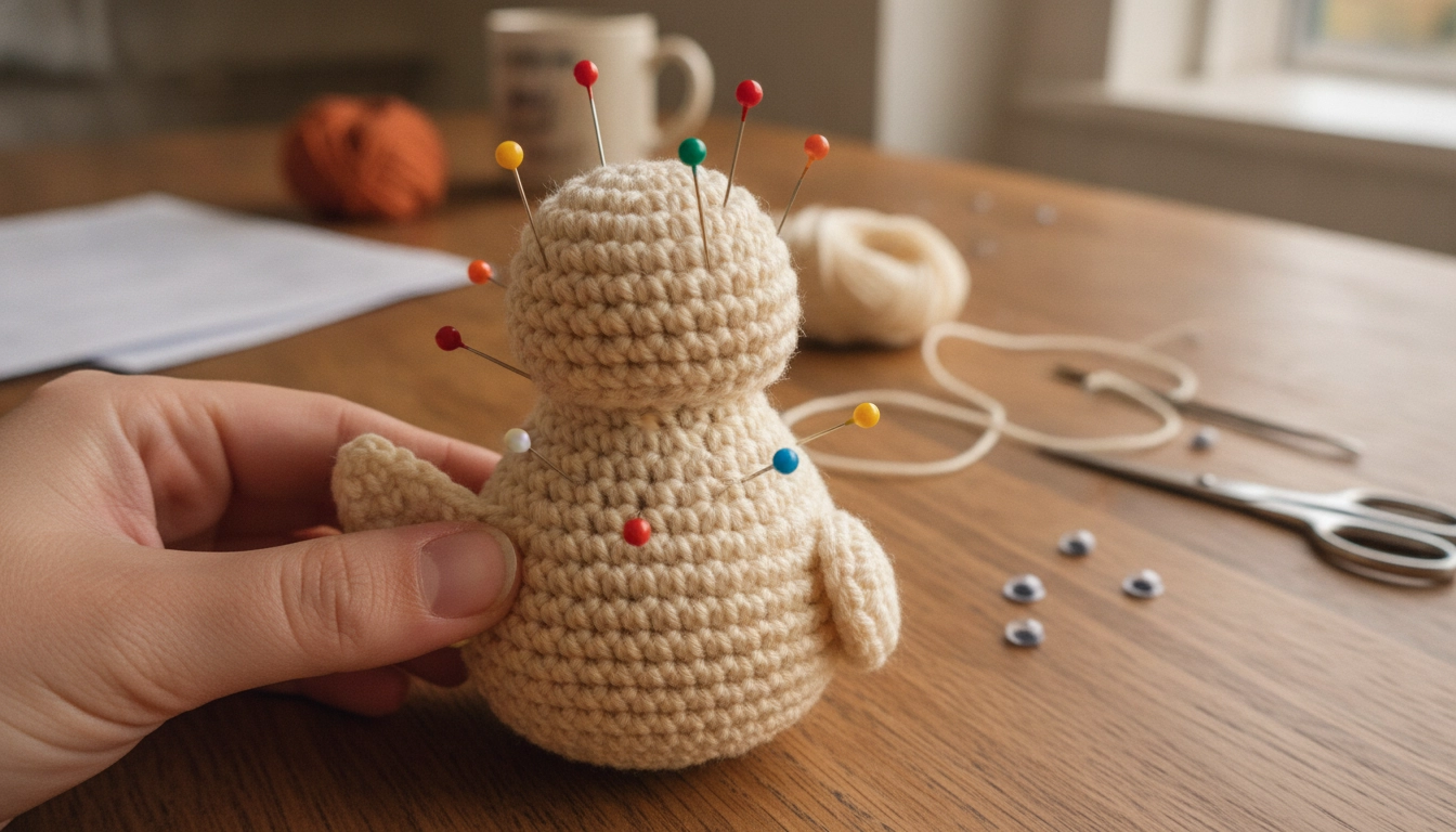 A crocheted hen head and body pinned together with colorful sewing pins before stitching.