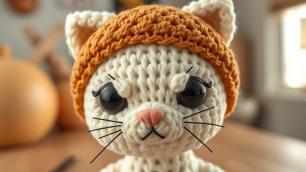 A close-up of a grumpy-cute crocheted cat wearing a detailed fish-shaped taiyaki waffle hat.