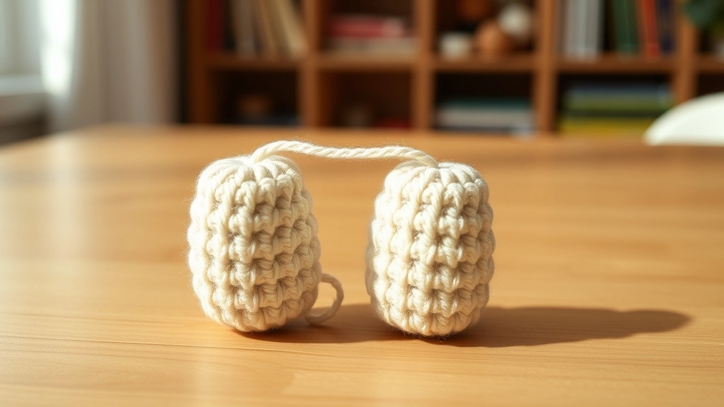 Two small crocheted legs joined together by a chain stitch to start the continuous body of the amigurumi.
