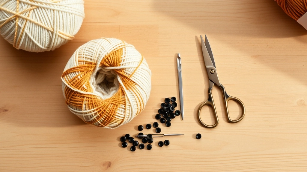 A flat lay of high-quality organic cotton yarn skeins, a small 2.25 mm crochet hook, safety eyes, and embroidery floss.