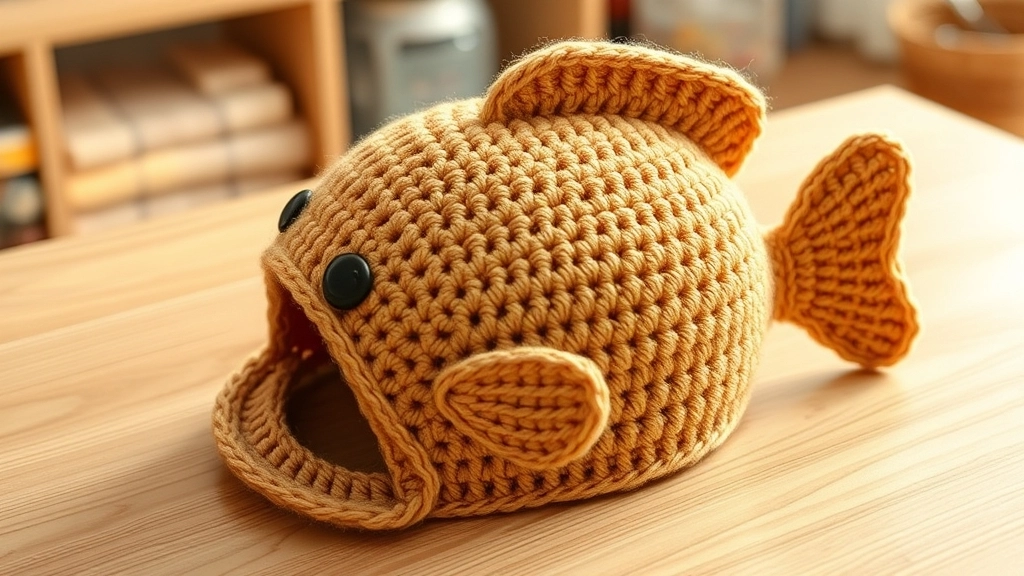A finished golden-brown crocheted taiyaki fish hat with a curved tail, ready to be assembled.
