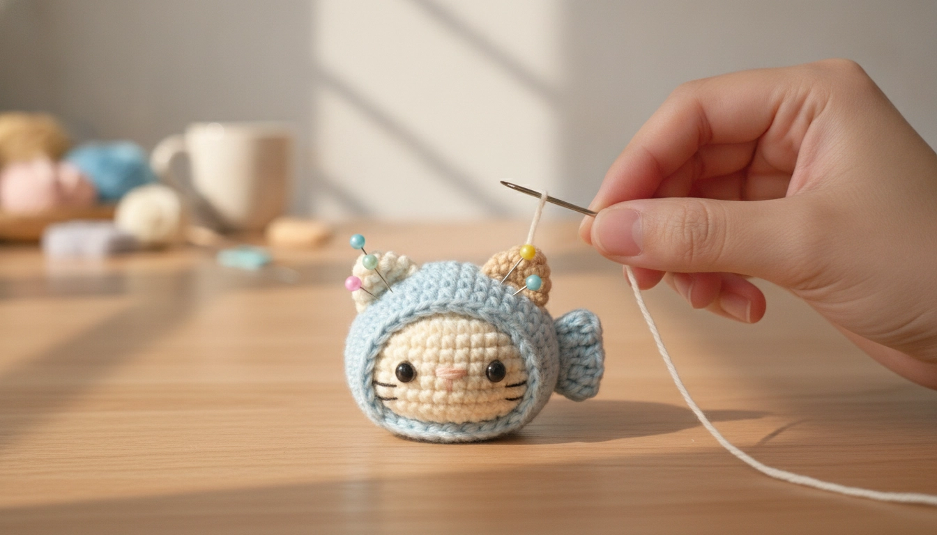 A cream crochet cat head with ears and a taiyaki hat pinned in place with colorful sewing pins.
