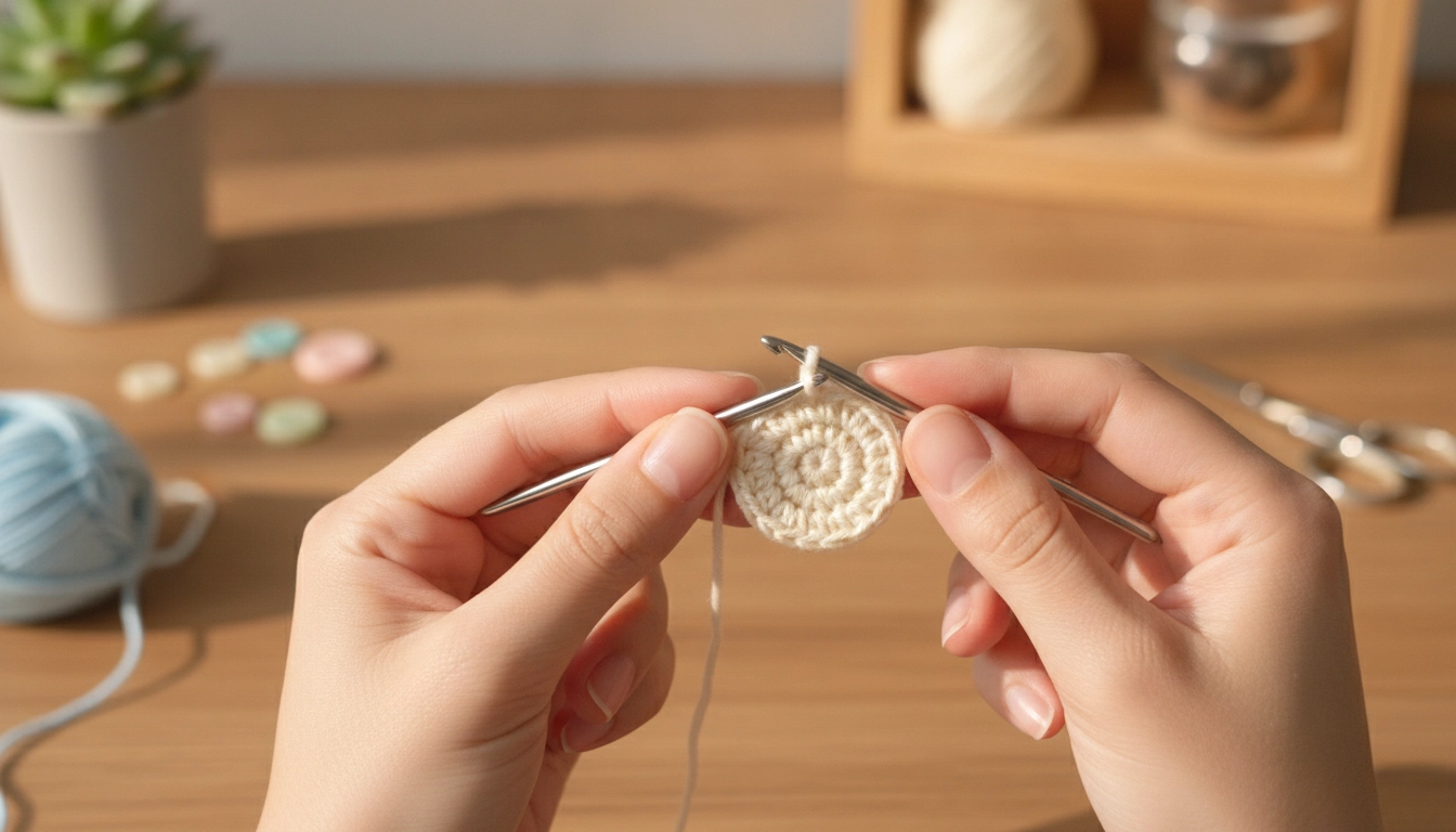 Hands crocheting a cream-colored cotton oval piece that forms the base of the amigurumi cat head.
