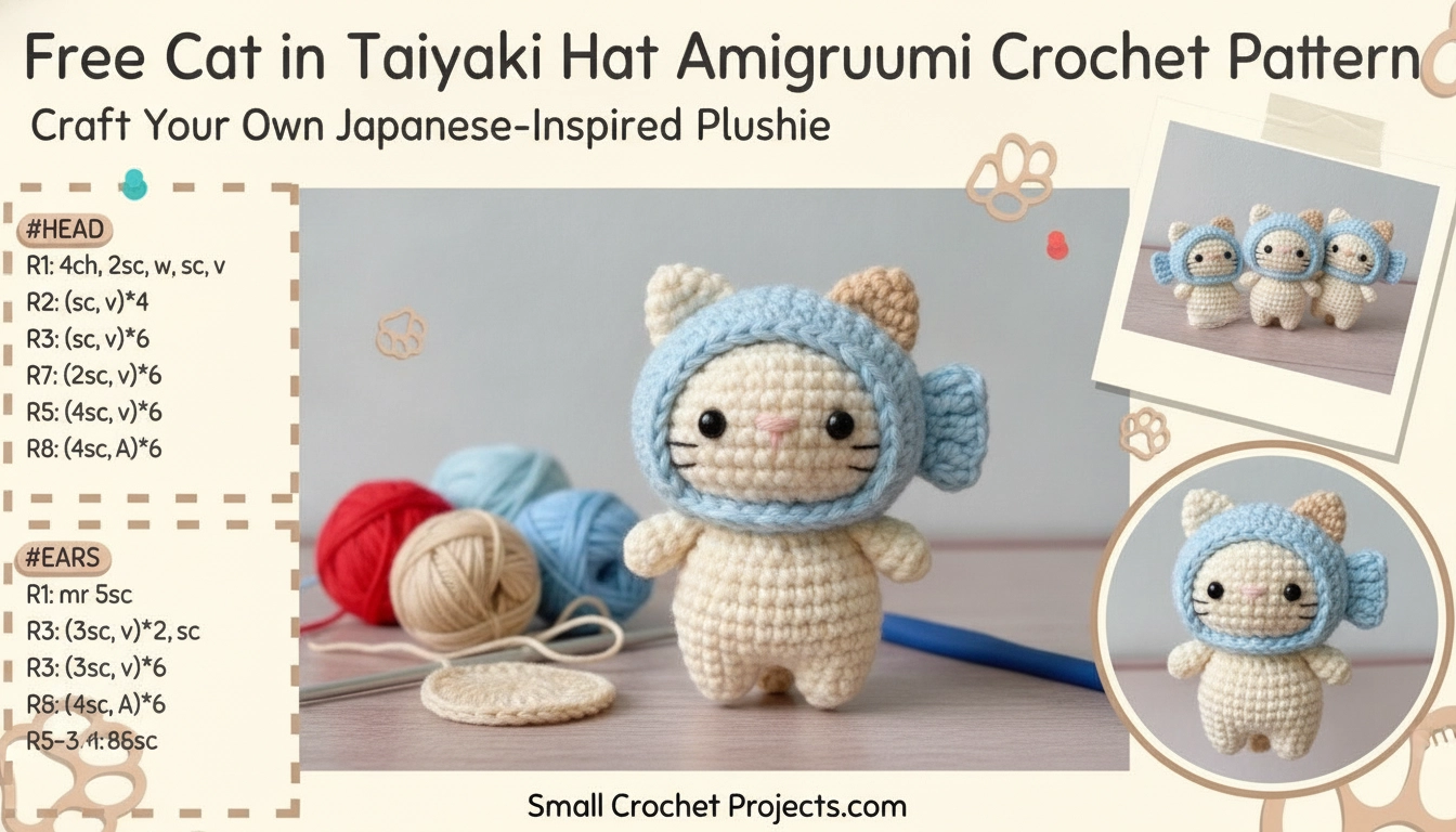 A handmade crochet plushie of a white cat wearing a golden-brown fish-shaped waffle hat, created using this Free Cat in Taiyaki Hat Amigurumi Crochet Pattern.