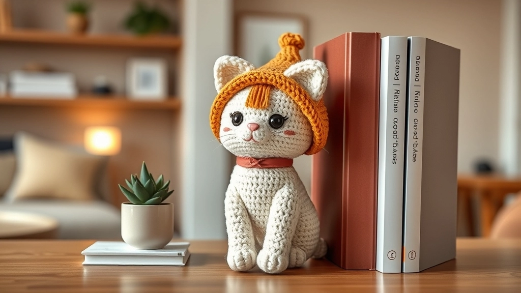 A completed crochet cat plushie in a taiyaki hat sitting on a modern wooden bookshelf next to a small plant.