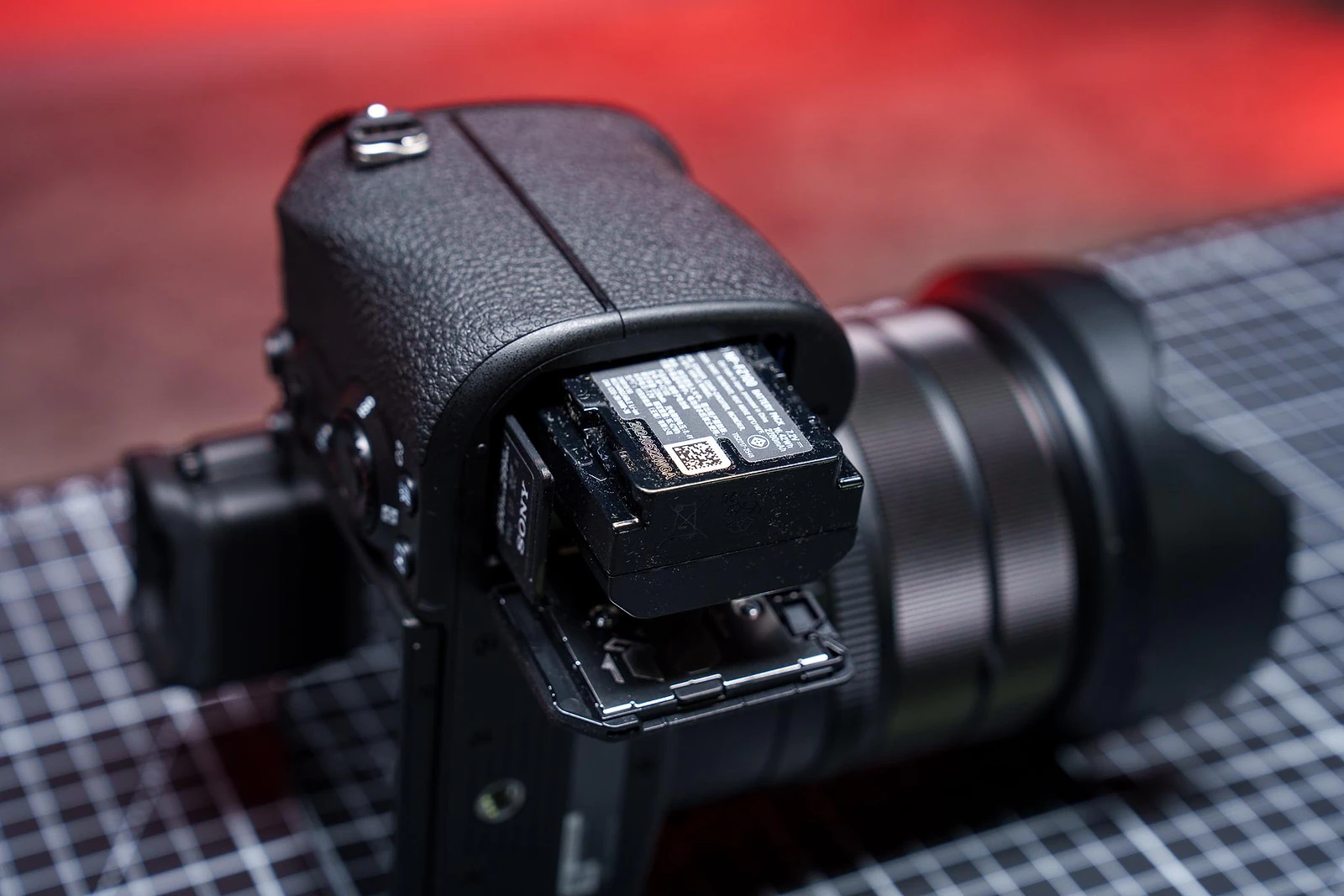 <em>The battery door houses both the SD card slot and Sony Z-type battery.</em>