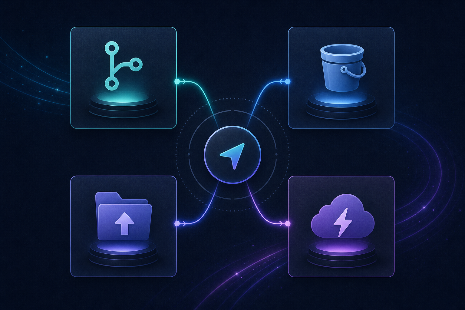Illustration of Git, S3, FTP, and hosted delivery as Webflow export destinations