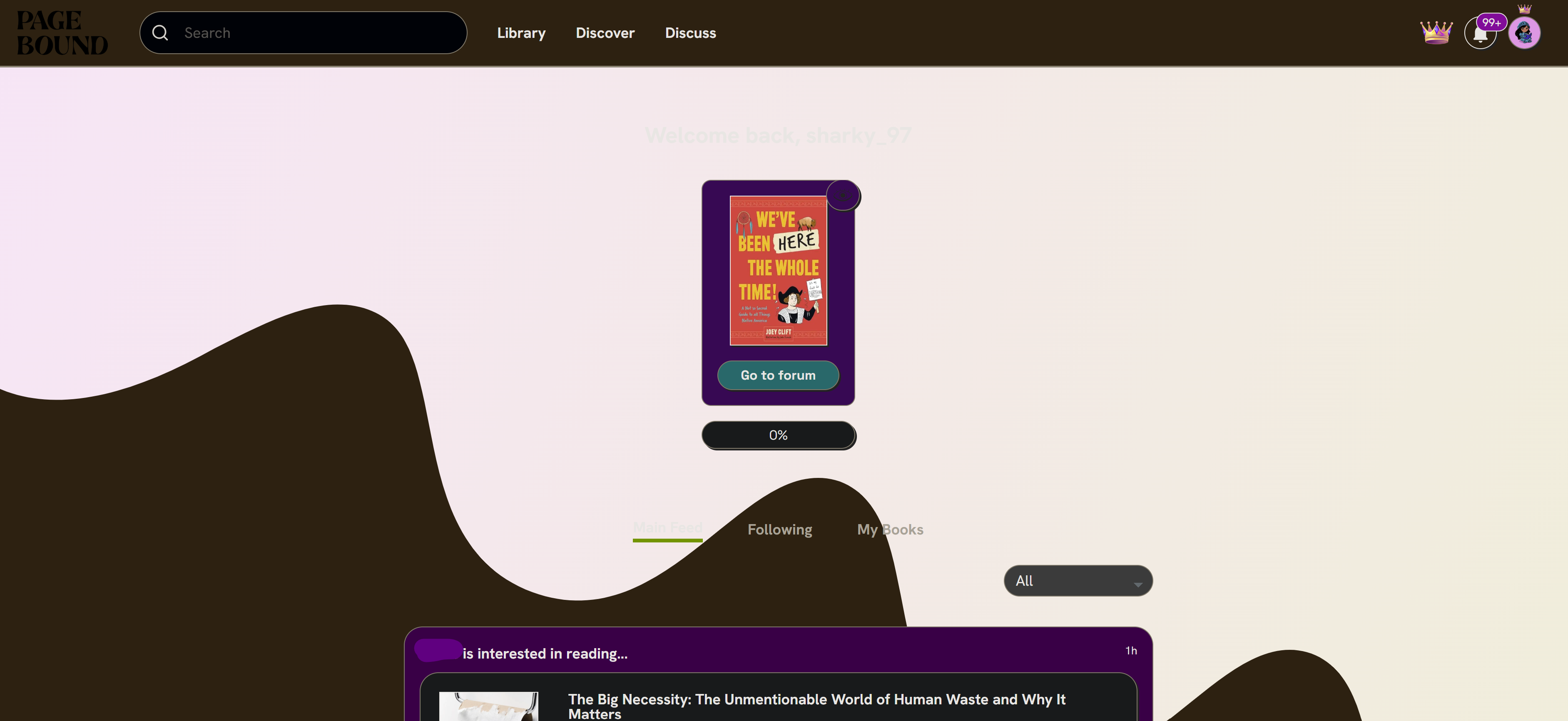 Screenshot of pagebound feed webpage with a dark mode browser extension 