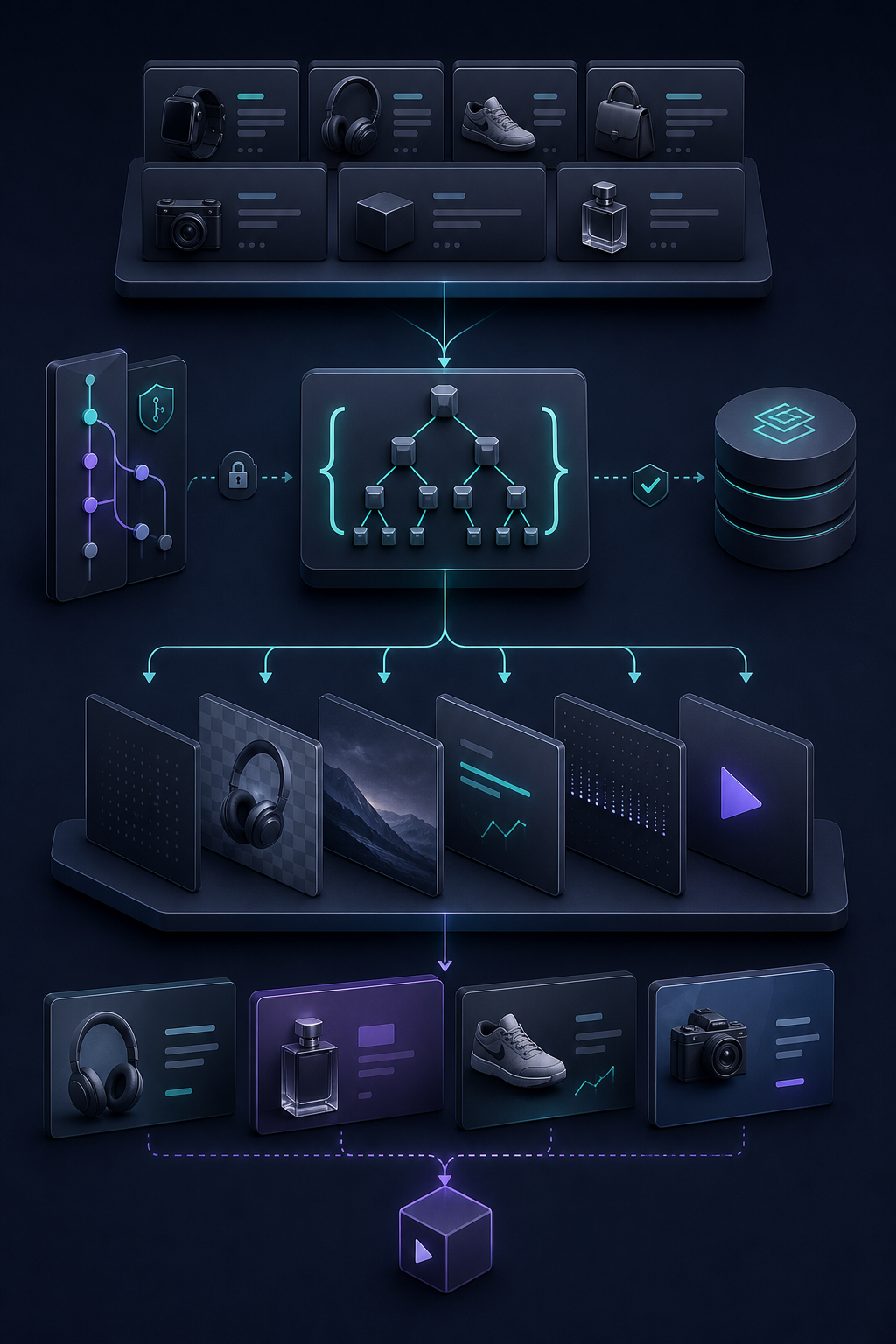 Product cards flowing into reusable video template outputs