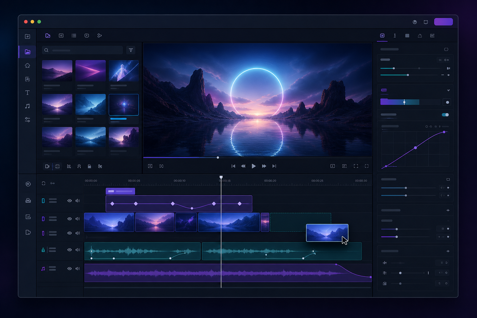 Dark-mode multi-track video editor with layers and keyframes