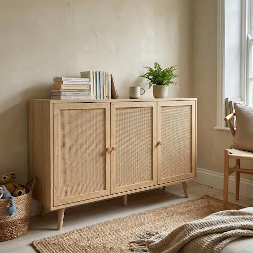 Our rattan sideboard from DHS settles the townhouse hallway.png