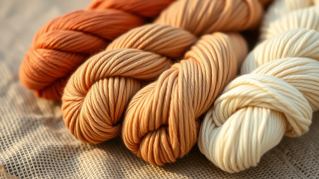 Skeins of organic cotton yarn in terracotta, cream, and beige colors for crocheting the Desert Sunset set.