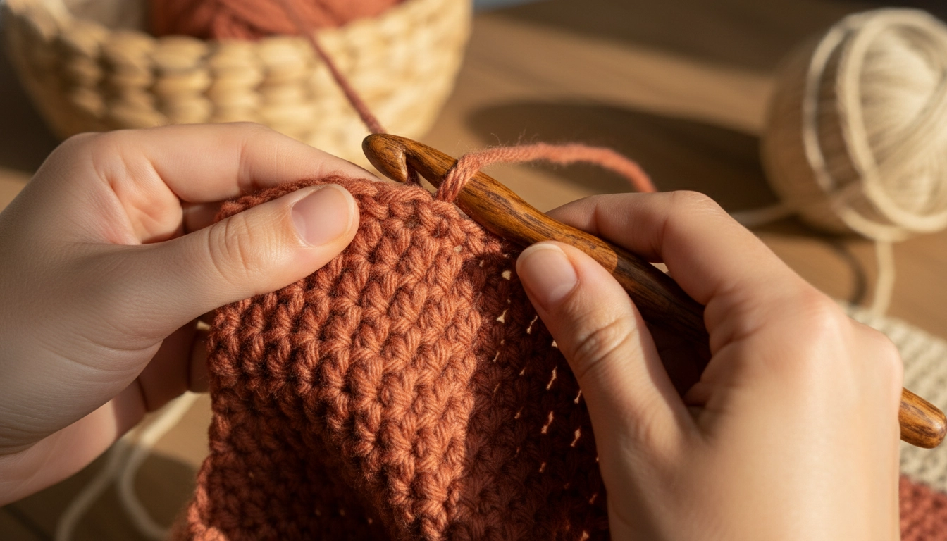 Hands using a wooden crochet hook to work dense terracotta cotton stitches.