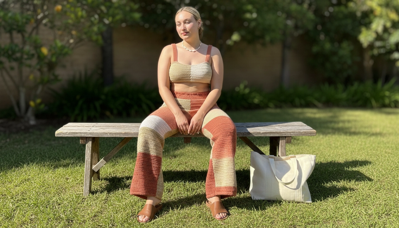 The Desert Sunset color-block crochet set styled with leather sandals and a shell necklace.