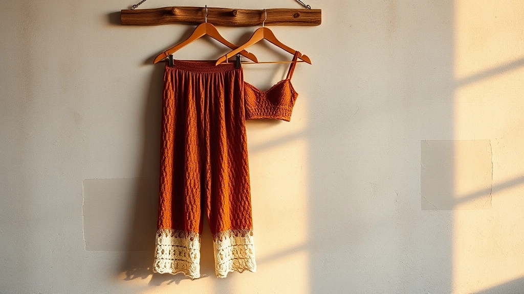A beautiful, completed Desert Sunset crochet set hanging on a wooden hanger.