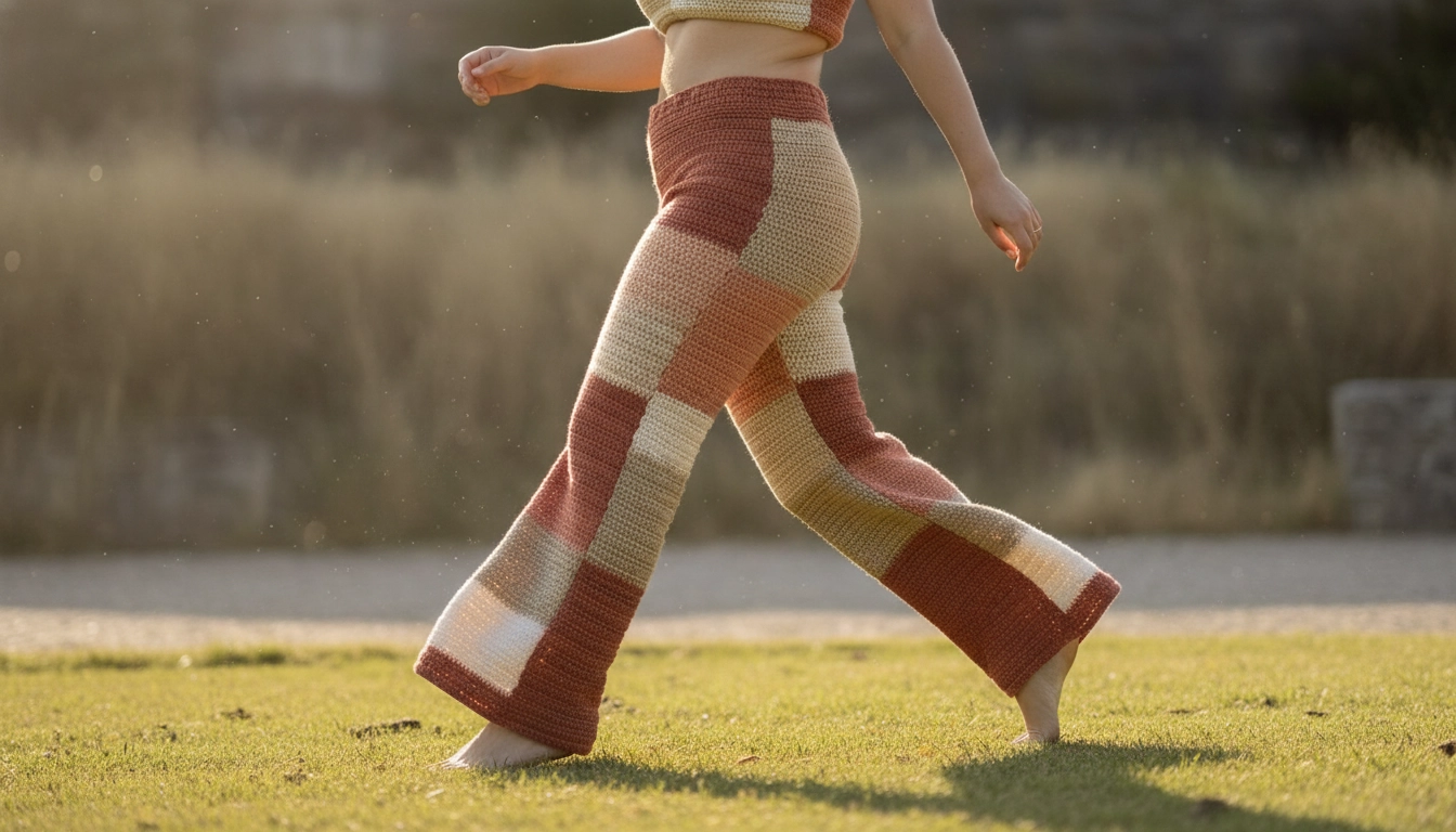 The flowing, wide-leg hem of the crocheted terracotta pants moving gracefully.