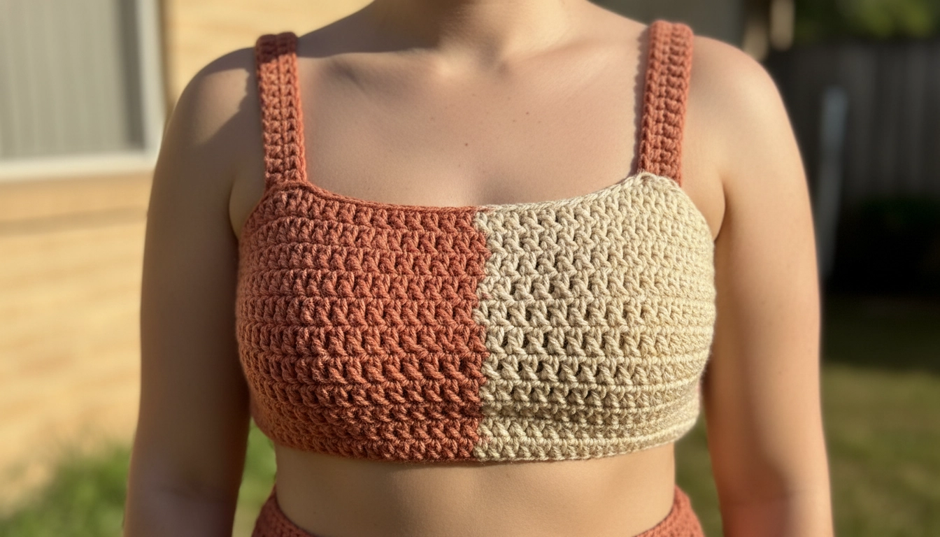 A close-up of the crocheted square-neck bralette with terracotta and cream color blocks.