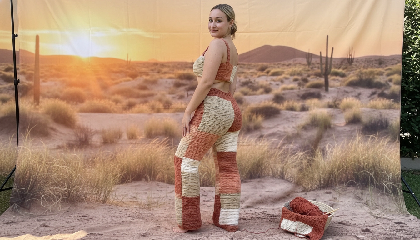Desert Sunset: Crocheting Terracotta Color-Block Wide-Leg Pants and Matching Bralette laid out on a rustic wooden table.