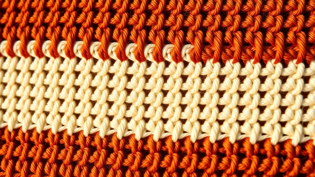 Close-up of clean intarsia crochet stitches transitioning between terracotta and cream yarn.