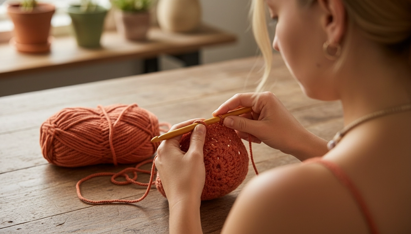 Hands crocheting the terracotta open-weave bralette using a 3.5 mm hook and organic cotton yarn.