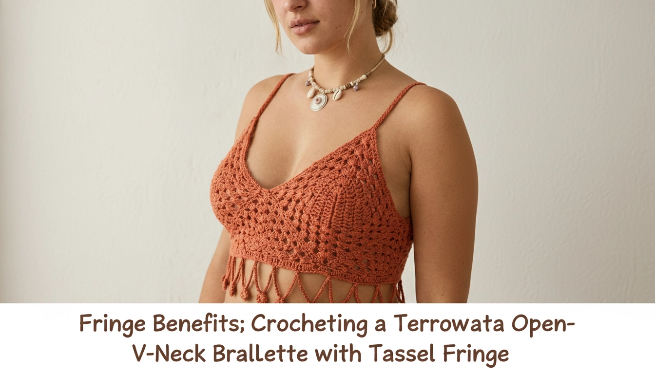 A homemade, amateur flat lay of the completed top from Fringe Benefits: Crocheting a Terracotta Open-Weave V-Neck Bralette with Tassel Fringe.