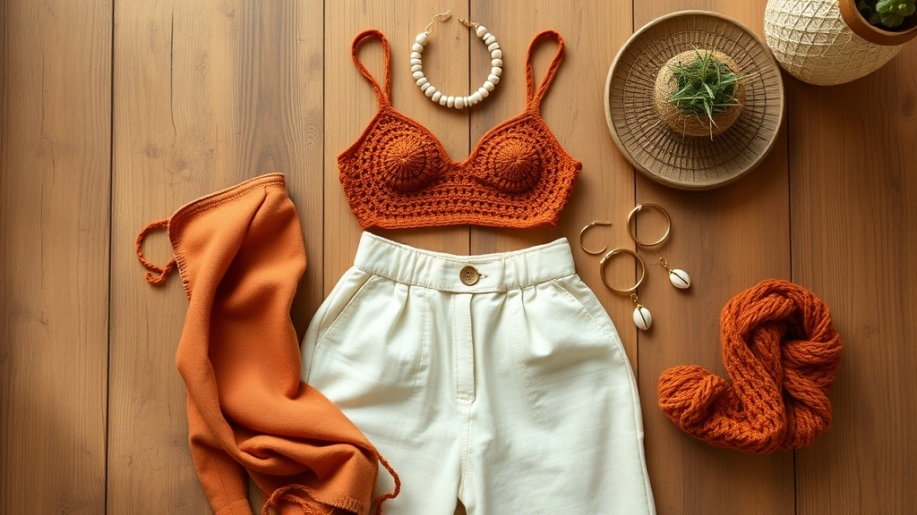 A styled outfit flat lay featuring the terracotta bralette, cream high-waisted linen trousers, a shell choker, and gold hoop earrings.