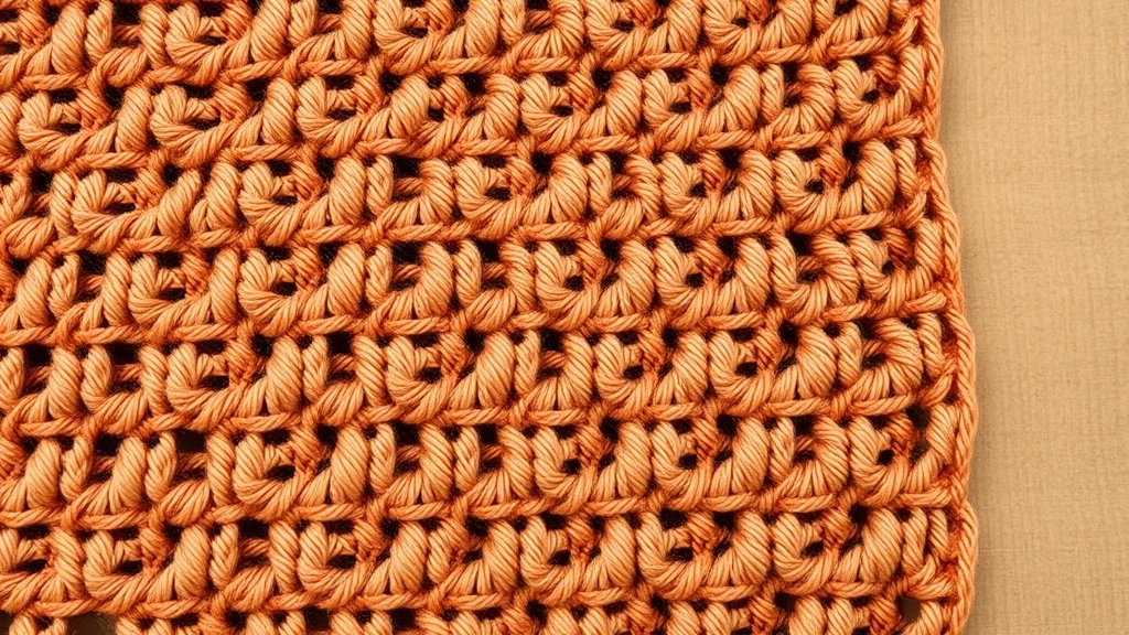A detailed view of the repeating fan and shell stitch rows in terracotta cotton yarn.