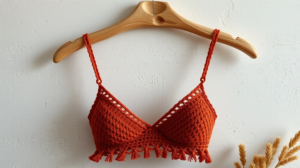 A full view of the completed terracotta open-weave bralette with tassel fringe.
