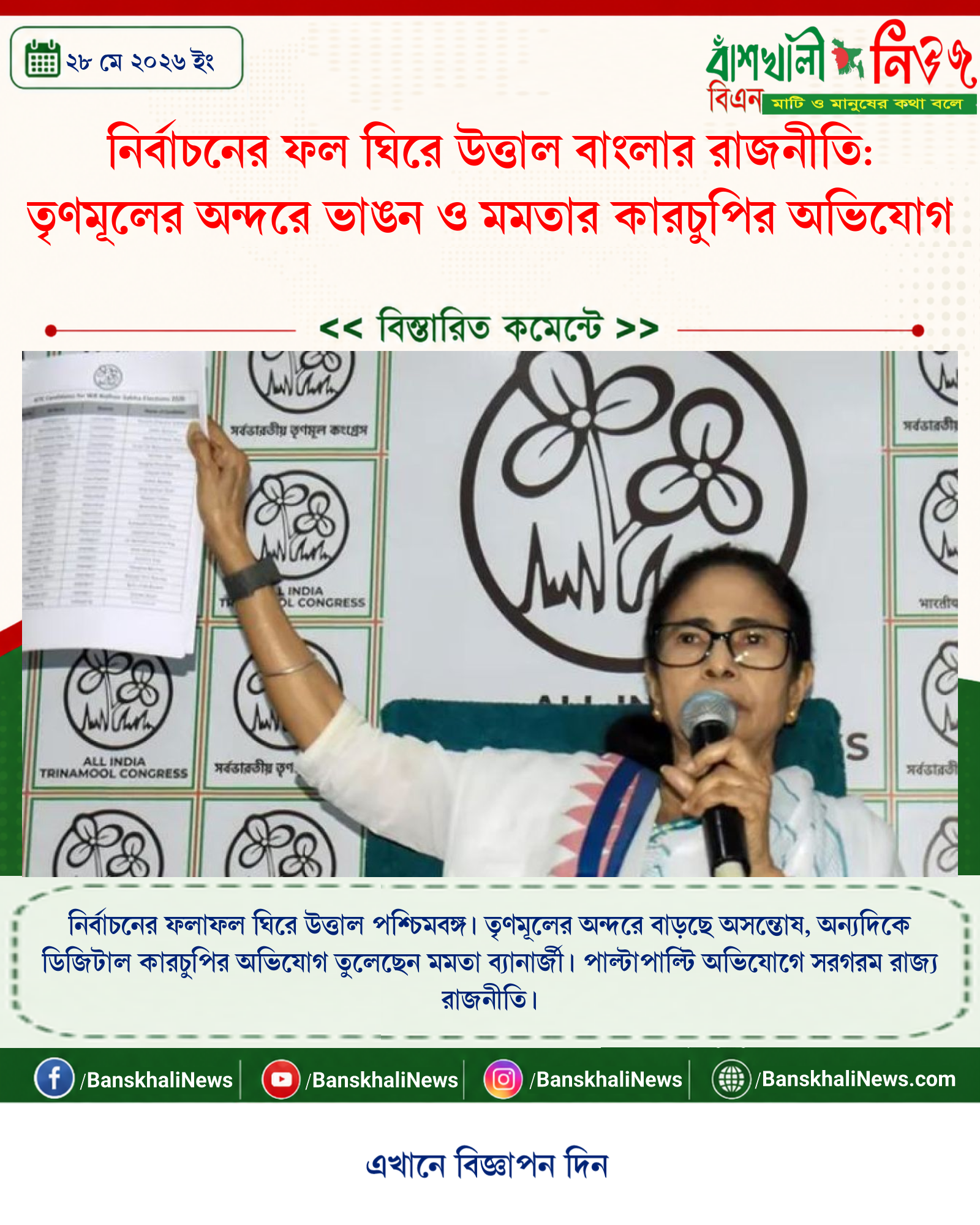 নির্বাচনের ফল ঘিরে উত্তাল বাংলার রাজনীতি: তৃণমূলের অন্দরে ভাঙন ও মমতার কারচুপির অভিযোগ