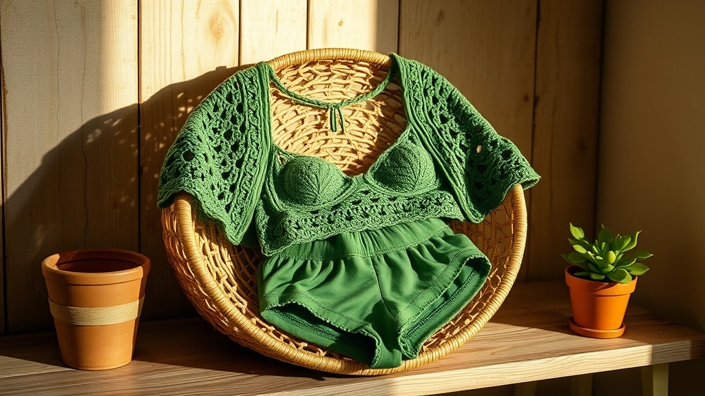 A folded green crochet three-piece set sitting neatly inside a woven basket.