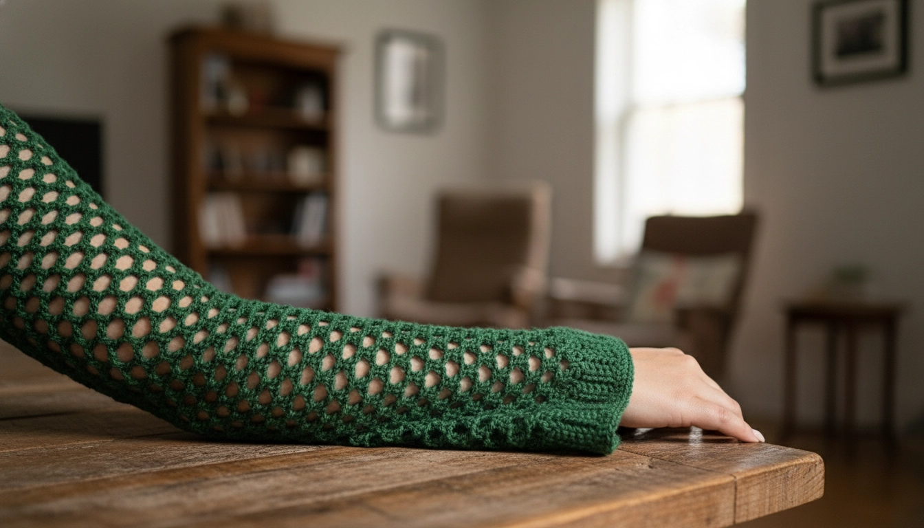 A close-up of a green crochet shrug sleeve showcasing the flared bell cuff.
