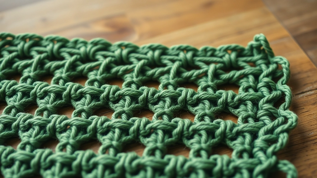 A detailed close-up of green crochet mesh stitch architecture showing geometric grids.