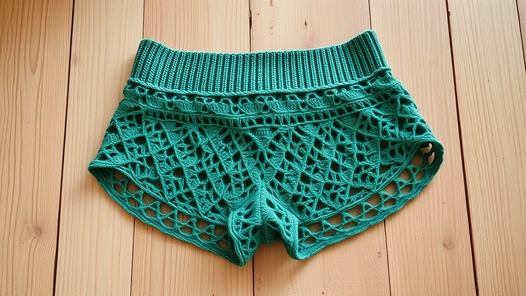 Close-up of green crochet shorts showing the ribbed waistband transitioning into open mesh.
