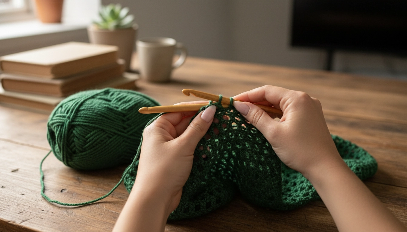 Hands holding a wooden crochet hook and working on a green cotton mesh pattern.